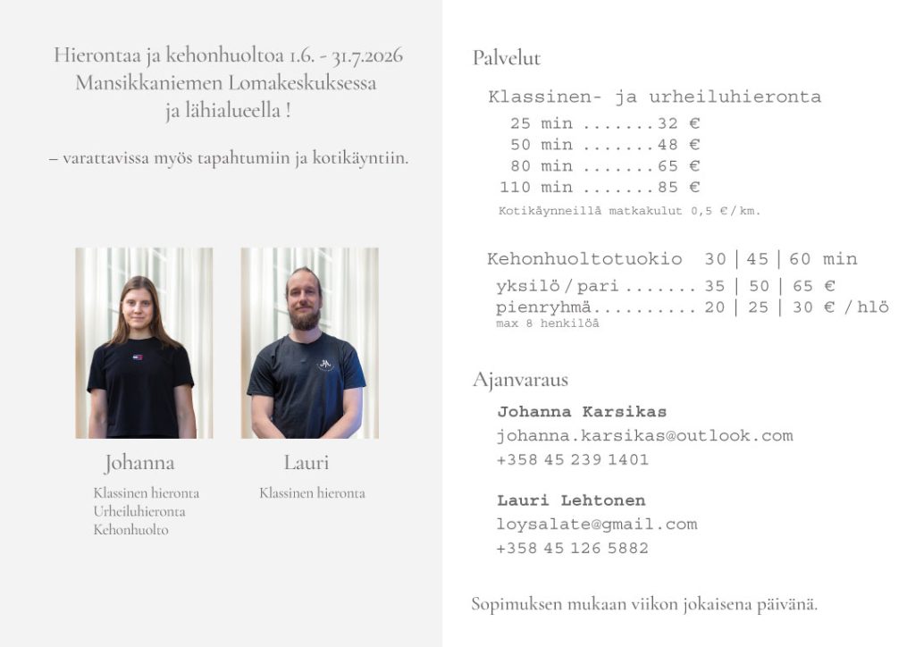 Hierojat Johanna Karsikas ja Lauri Lehtonen - hinnasto